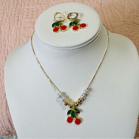 Women Cherry Red Adjustable Necklace and Earring Set - Picture 11 of 11